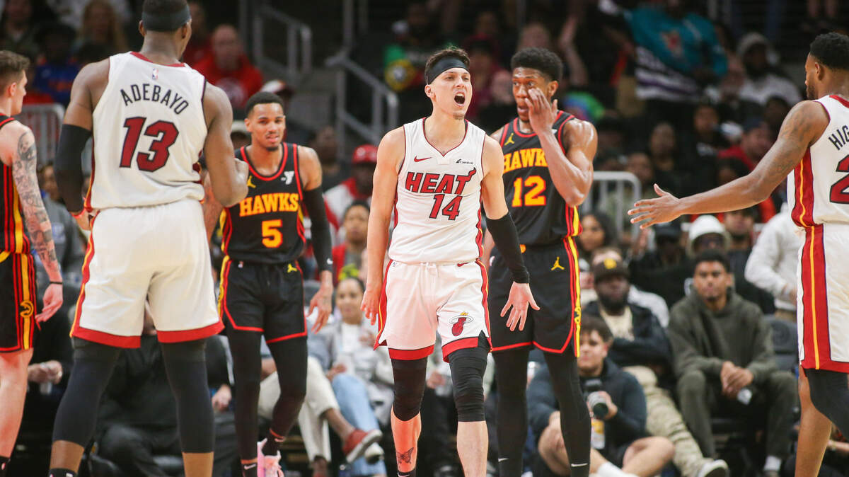 Miami Heat guard Tyler Herro (14) reacts after a basket against the Atlanta Hawks in the second half at State Farm Arena.